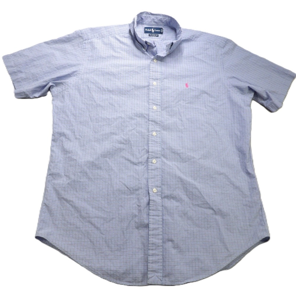 Ralph Lauren Classic Fit Shirt Men L Blue Plaid Pink Pony Button Down SS Cotton
